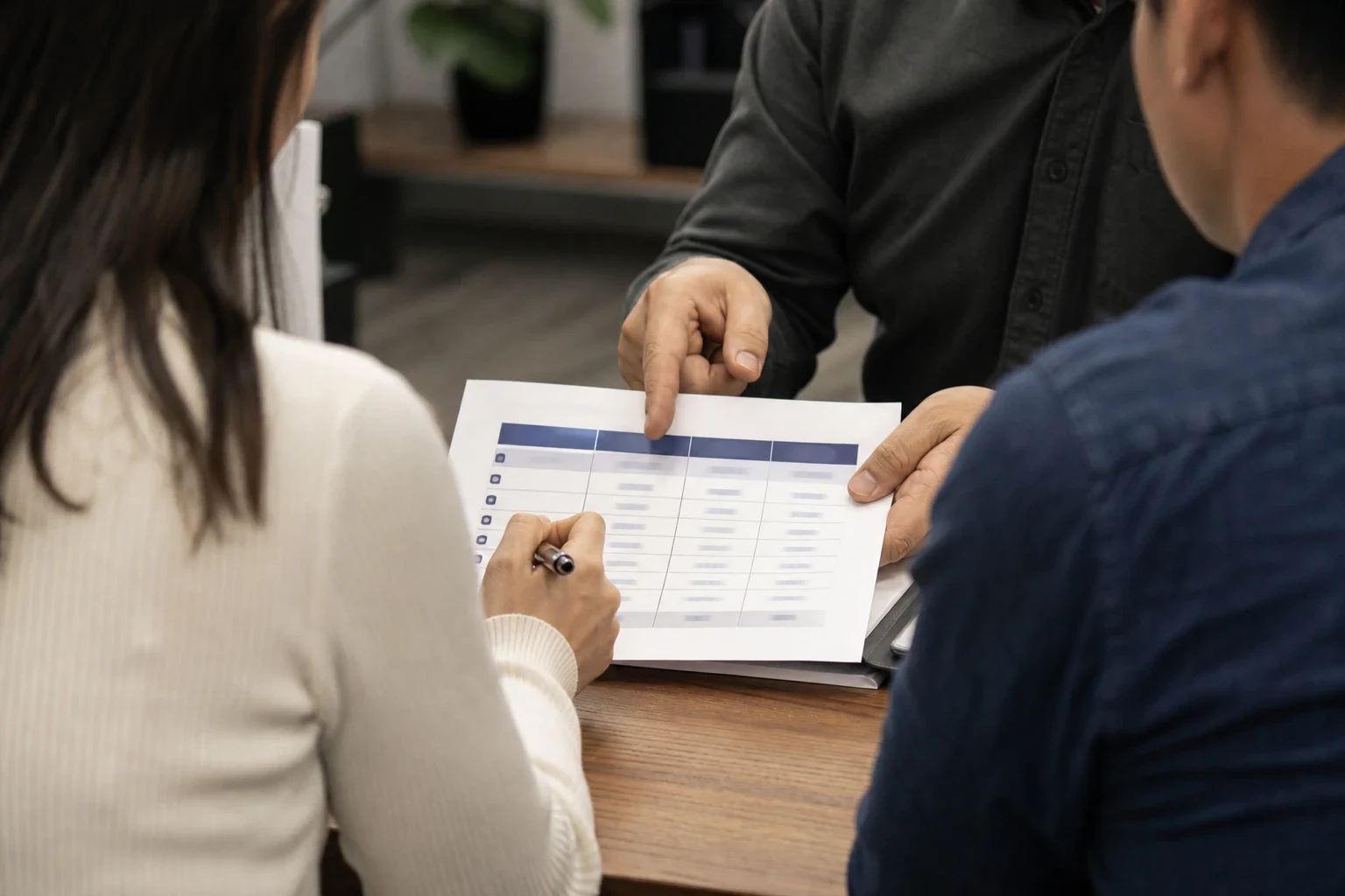 Over-the-shoulder view of a couple at an office desk as an agent points to a printed comparison table while the woman holds a pen over the page