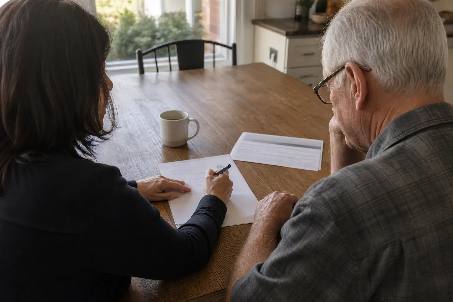 Insurance agent writing on a paper form at a wooden kitchen table beside an older man in glasses, with a coffee mug and a printed summary sheet nearby