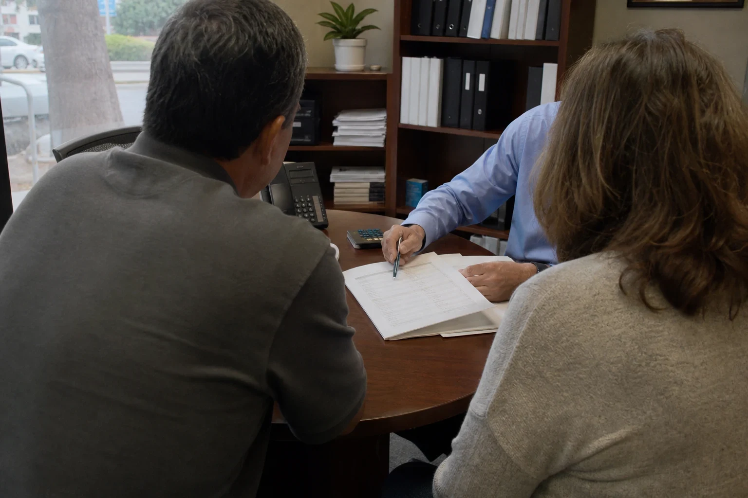 Agent in a light blue shirt points a pen at a printed document for a man and woman seated at a round wood table, with binder shelves and a street window behind